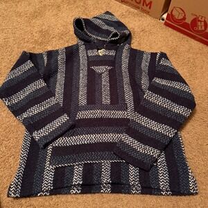 Baja Joe Mens Navy Blue Striped Drug Rug Hoodie Mexican Baja Shirt Large